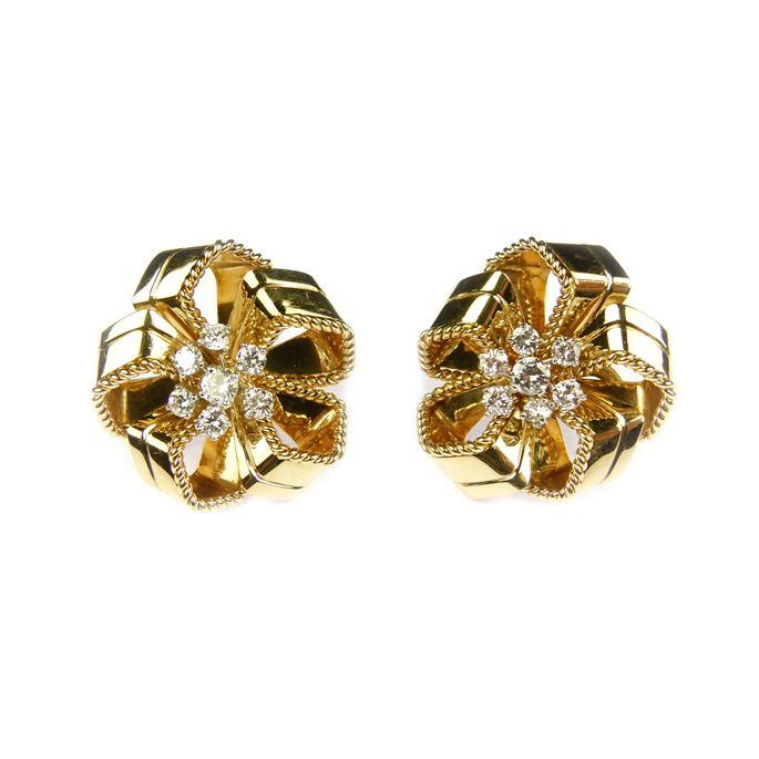   Cartier - Pair of mid-20th century gold and diamond stylised rosette earrings | MasterArt